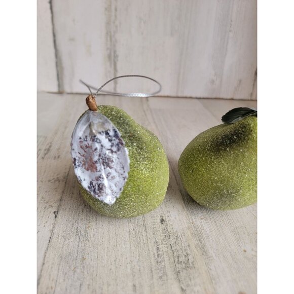 Frosted green pear fruit set ornament Xmas shiny - Picture 2 of 8
